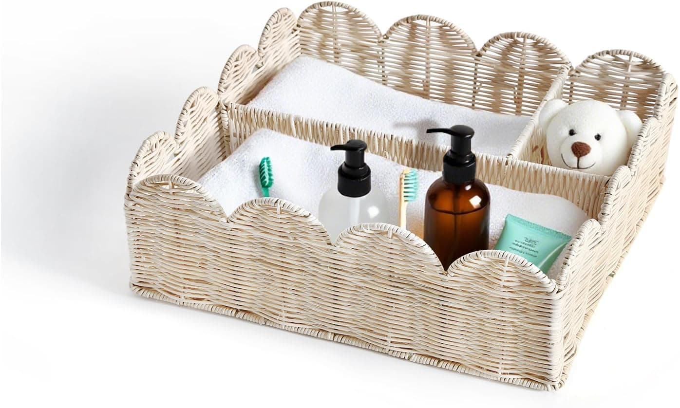 Rattan Divided Scalloped Basket,Wicker Diaper Caddy Scalloped Baske,Woven Natural Basket with 4 Dividers,Suitable for Baby Rooms, Bathrooms, Bedrooms (Rattan)