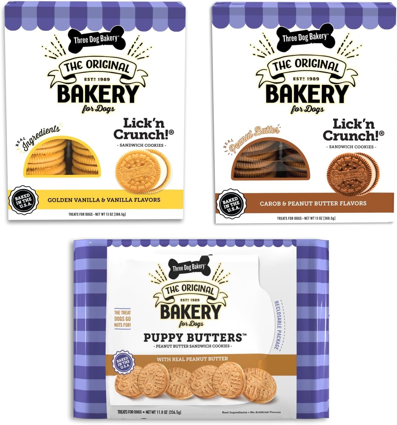 Three Dog Bakery Lick'n Crunch! Sandwich Cookies Variety Pack Premium Treats for Dogs, Carob/Peanut Butter, Golden/Vanilla, & Pupper Butters, 37.8 Ounces, 3-Pack - image 1 of 1