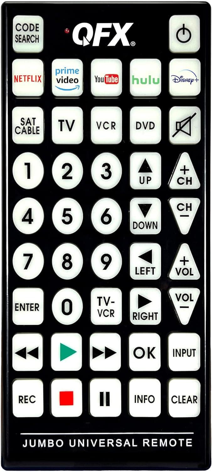 QFX REM-115 8 in 1 Large Jumbo Universal Remote Control for RCA, Sony, Philips, Samsung, GE, Zenith, Panasonic, Sharp, Toshiba, Daewoo, Hitachi, Sanyo, LG, JVC, Mitsubishi, Emerson, Magnavox - image 1 of 1