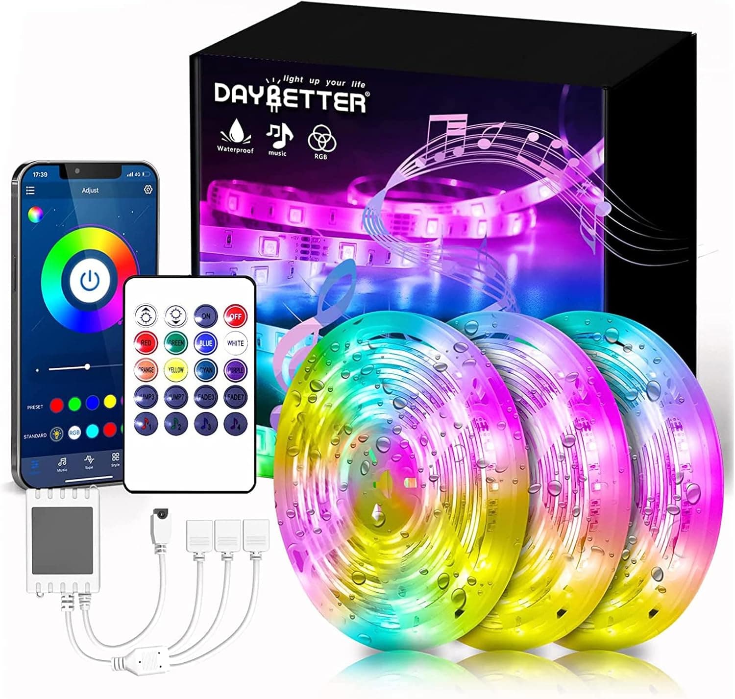 DAYBETTER Led Strip Lights Waterproof, Smart Outdoor Lights, Led Light Strips with Remote, App Control, 5050 RGB Color Changing Led Lights for Bedroom, Roof Eaves, Room Decor 50 ft(3 Rolls of 16.4ft)