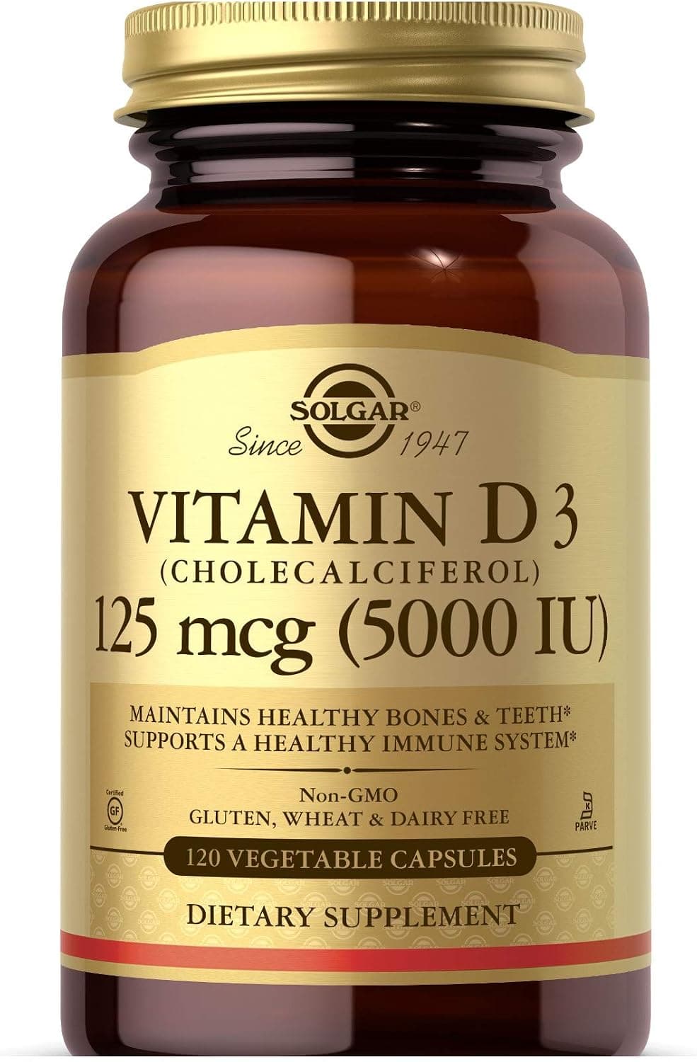 Solgar Vitamin D3 (Cholecalciferol) 125 Mcg (5000 IU), 120 Vegetable Capsules - Helps Maintain Healthy Bones & Teeth - Immune System Support - Non-GMO, Gluten Free, Dairy Free, Kosher - 120 Servings - image 1 of 1