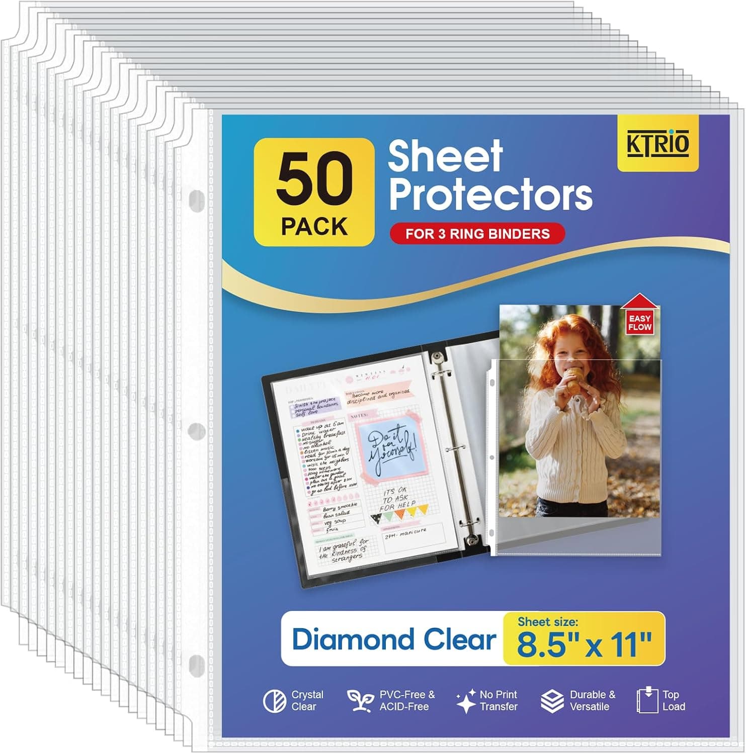 KTRIO Sheet Protectors 8.5 x 11 inch, Clear Page Protector for 3 Ring Binder, Plastic Sleeves for Binders, Top Loading Paper Sheets Document Sleeve Letter Size, Office & Home, 50 Pack - image 1 of 1