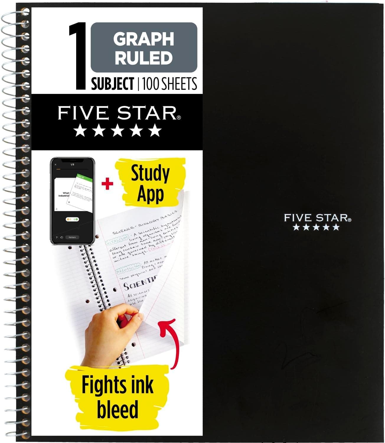 Five Star Spiral Notebook + Study App, 1 Subject, Graph Ruled Paper, Fights Ink Bleed, Water Resistant Cover, 8-1/2" x 11", 100 Sheets, Color Will Vary, 1 Count (06190) - image 1 of 1