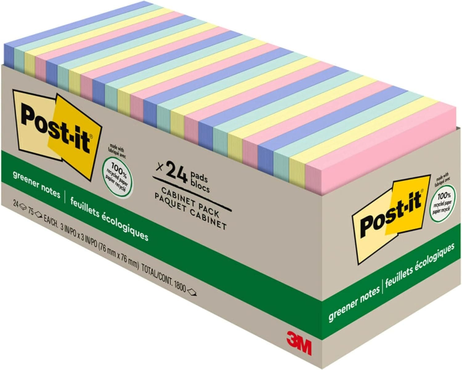Post-it Greener Notes, 3x3 in, 24 Pads, America's #1 Favorite Sticky Notes, Sweet Sprinkles Collection, Pastel Colors, Clean Removal, 100% Recycled Material (654R-24CP-AP) - image 1 of 1
