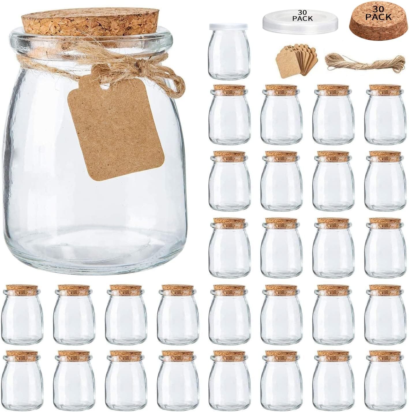 Brajttt Mini Yogurt Jars 30 Pack, 7 oz Glass Favor Jars with Cork Lids, Pudding Containers with Lids, Mason Jar Wedding Favors Honey Pot with Label Tags and String - image 1 of 1
