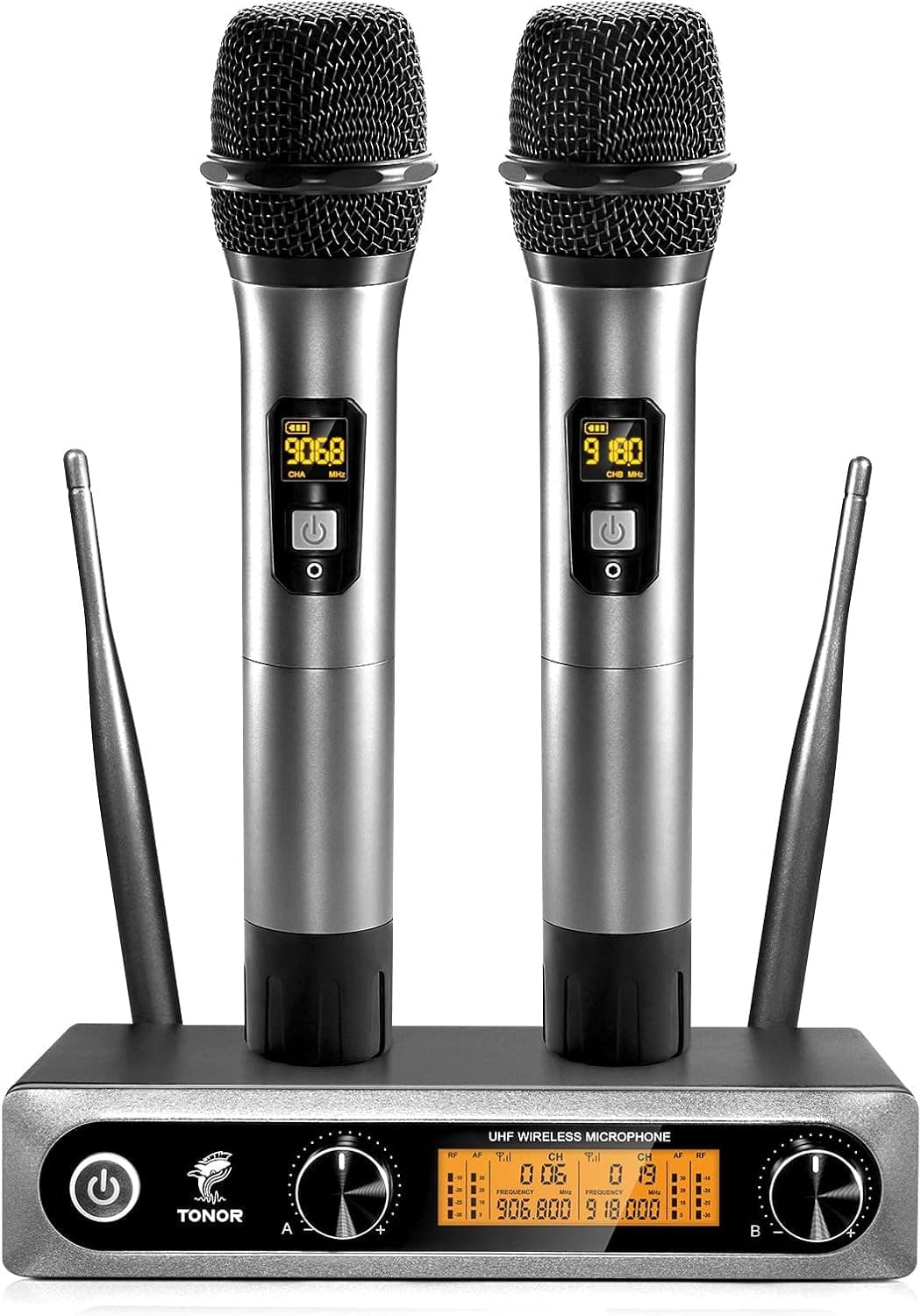 TONOR Wireless Microphones, Metal Dual Professional UHF Cordless Dynamic Mic Handheld Microphone System for Home Karaoke, Meeting, Party, Church, DJ, Wedding, Home KTV Set, 200ft, TW-820 Silver - image 1 of 1
