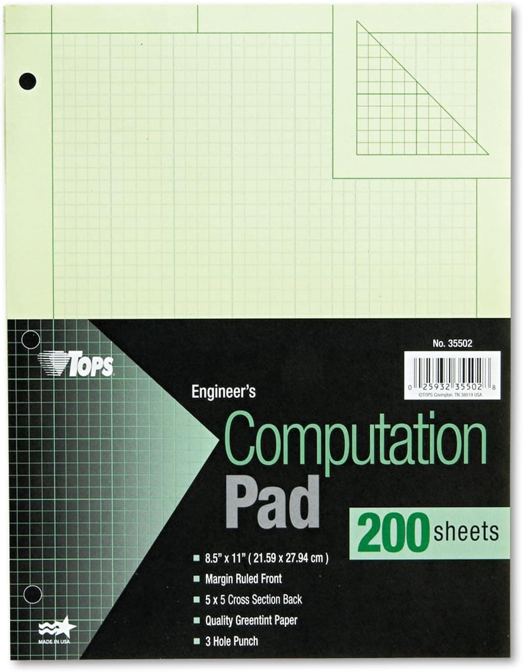 TOPS Engineering Computation Pad, 8-1/2" x 11", Glue Top, 5 x 5 Graph Rule on Back, Green Tint Paper, 3-Hole Punched, 200 Sheets (35502) - image 1 of 1