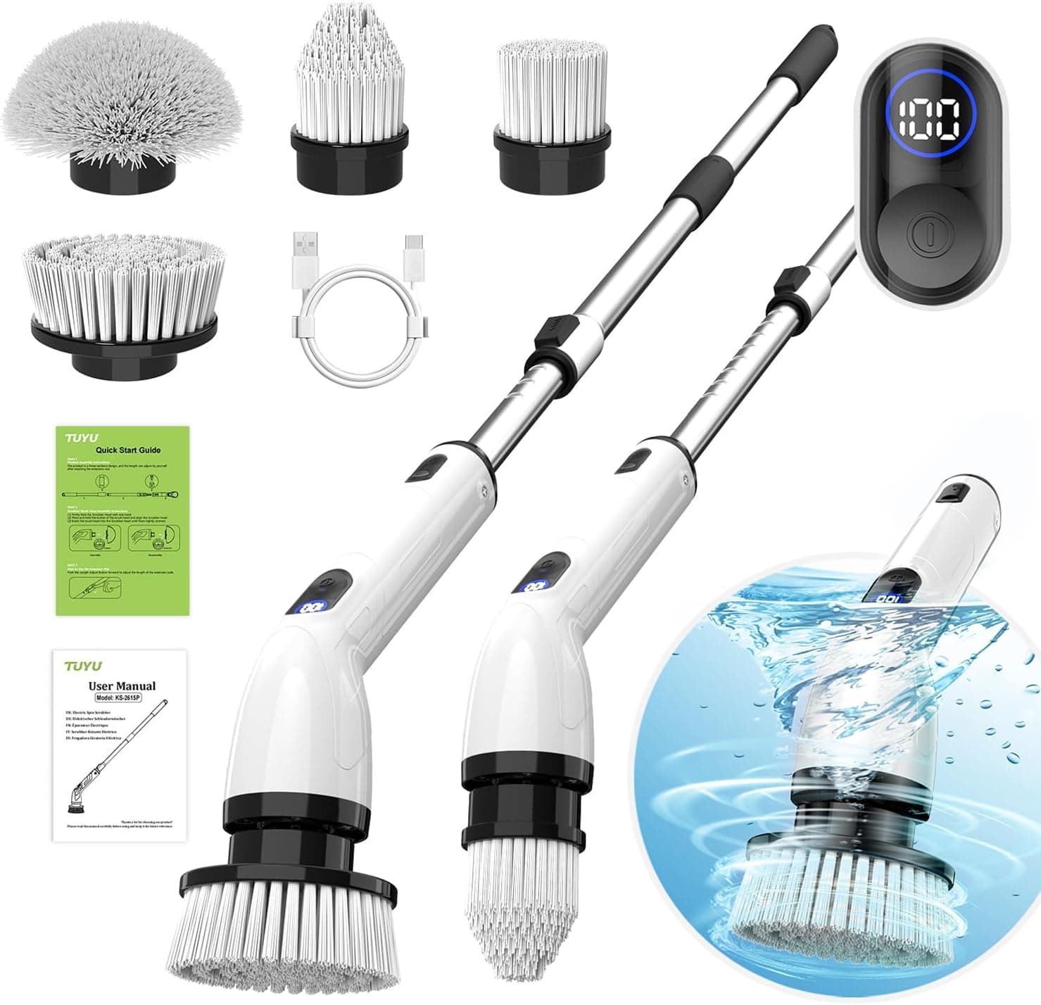 TUYU Electric Spin Scrubber, Full-Body IPX7 Waterproof Bathroom Scrubber with Power LCD Display, Adjustable Extension Handle, Cordless Shower Cleaner Brush for Bathtub Kitchen Wall Cleaning - image 1 of 1