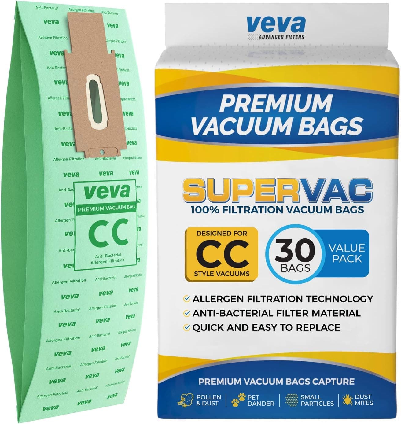 30 Pack Type CC Vacuum Bags for Oreck XL, XL5, XL7, XL21, 2000, 3000, 4000, 7000, 8000, 9000 Upright Vacuum Cleaner, Hypo-Allergenic Bags - image 1 of 1