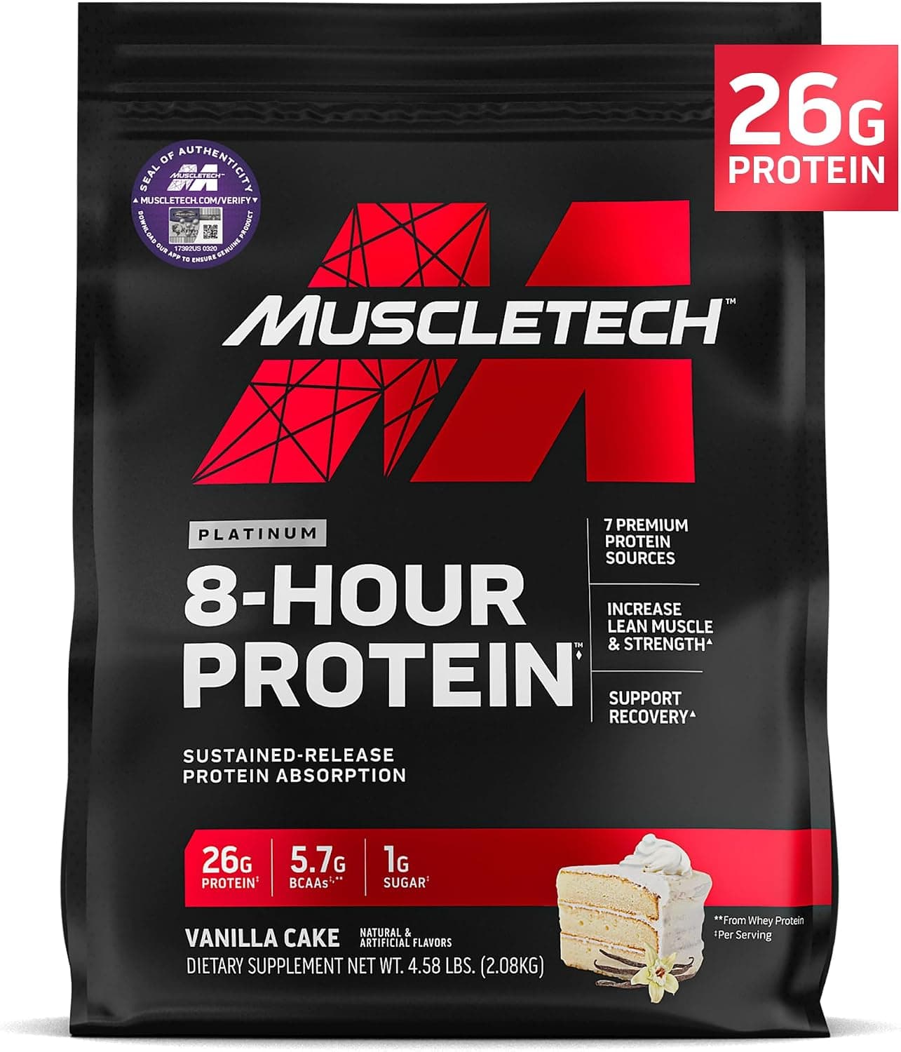 MuscleTech Platinum 8-Hour Protein Powder - 7 Premium Protein Sources with Whey & Casein Protein for Increased Lean Muscle, Strength & Improved Recovery - Vanilla Cake, 50 Servings - image 1 of 1