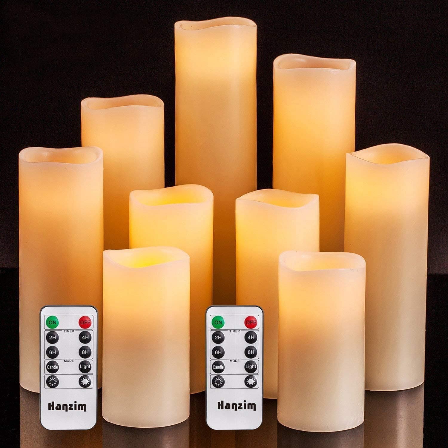 Flameless Flickering Battery Operated Candles D2.2''*H4 5" 6" 7" 8" 9" Set of 9 Ivory Real Wax Pillar LED Candles with 10-Key Remote and Cycling 24 Hours Timer (Ivory)