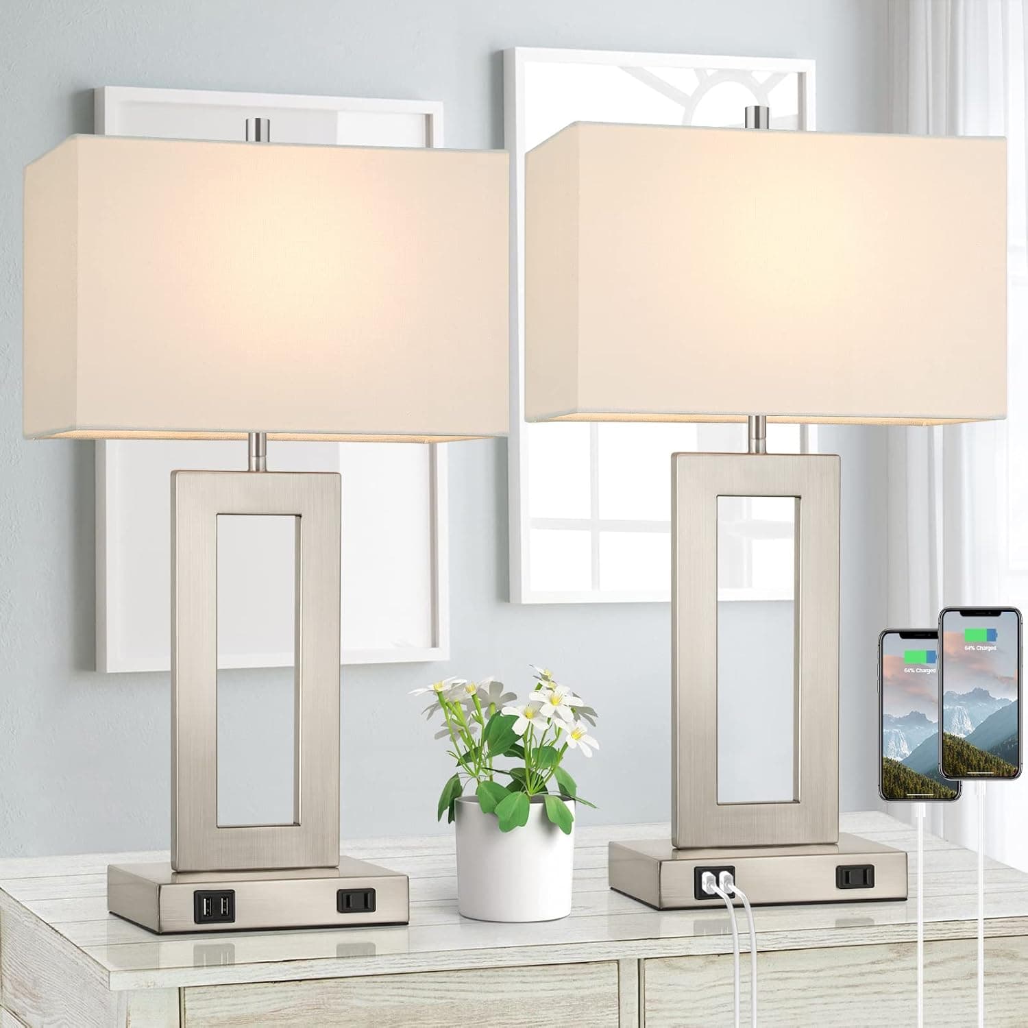 22'' Tall Table Lamps for Bedroom Set of 2, Silver Bedside Touch Control Lamp with 2 USB Ports&AC Outlet, Modern Living Room Table Lamp for Nightstand End Table, 3-Way Dimming with 2 E26 Edison Bulbs