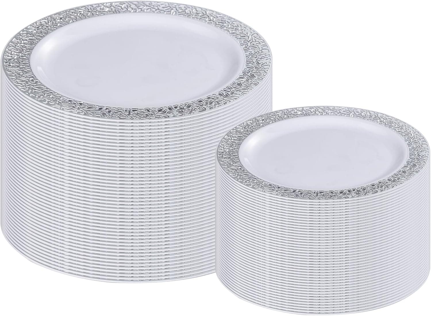 I00000 200 Pieces Silver Plastic Plates, Disposable Plastic Plates for 100 Guests Include: 100 Pcs Dinner Plate 10.25” and 100 Pcs Dessert Plate 7.5” with Silver Lace Rim Perfect for Wedding & Party - image 1 of 1
