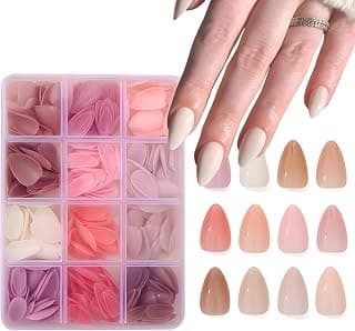 12Packs 360Pcs Almond Press on Nails Short 15 Size-12 Colors Almond Nail Tips Nude Fake Nails Solid Color Glue on Nail Stick on Nail Glossy False Nail Acrylic Nails Press ons for Women Girls