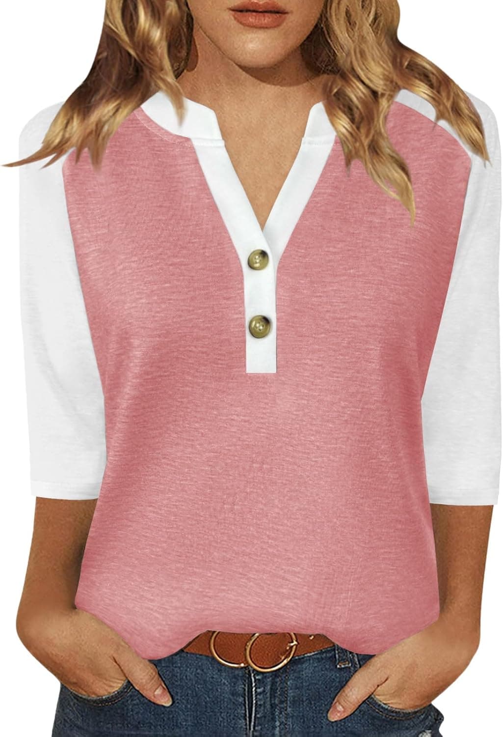 Womens Tops 3/4 Sleeve V Neck Button Down Shirts Business Casual Outfit Basic Tees Summer Top 2025