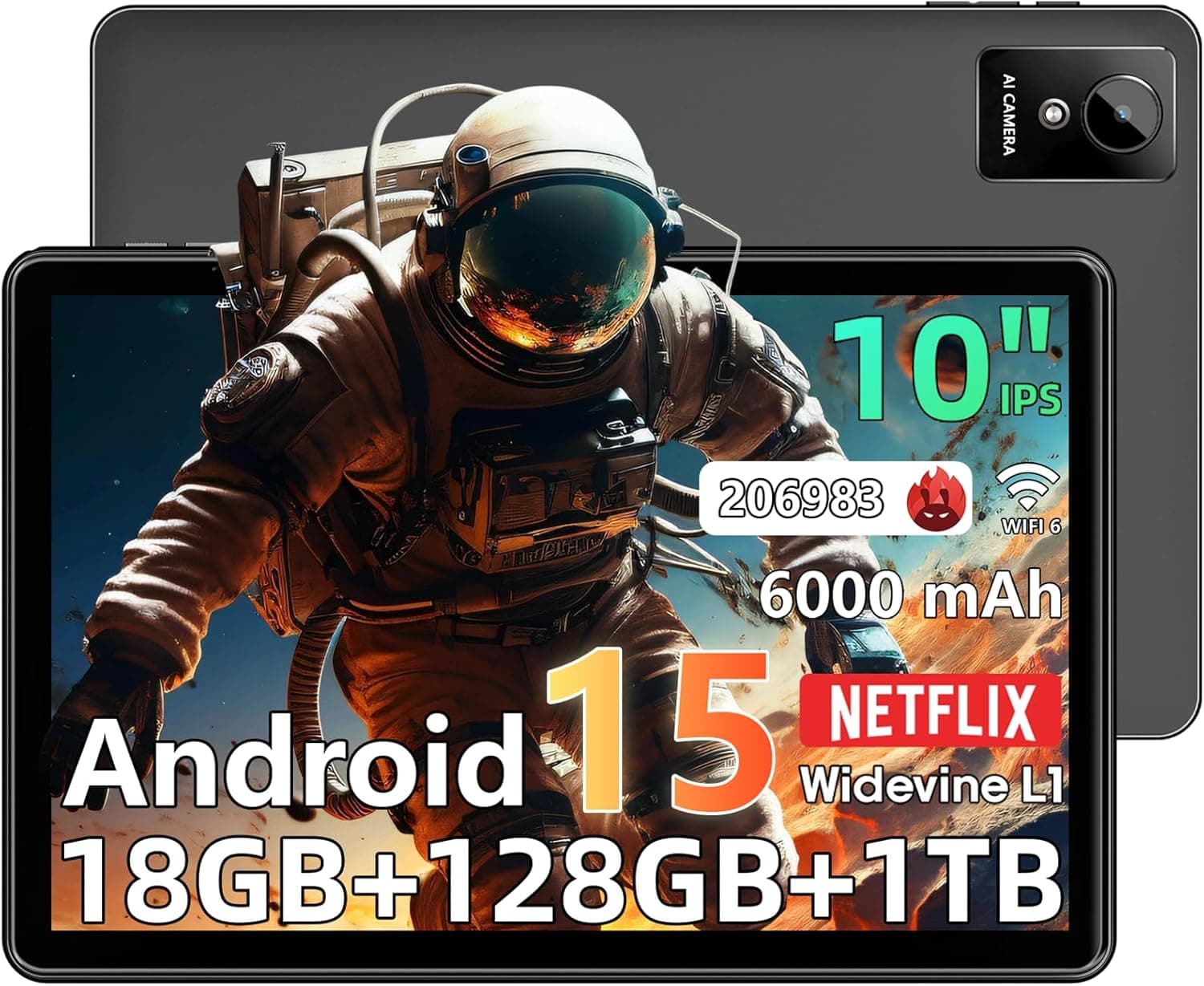 Tablet 10 inch Android 15 Tablets, 18GB RAM 128GB ROM 1TB Expand, Octa-Core Processor, 1280x800 IPS Widevine L1, WiFi 6, 8MP+5MP Dual Camera, BT5.4, 6000mAh, GPS, Type-C Fast Charging