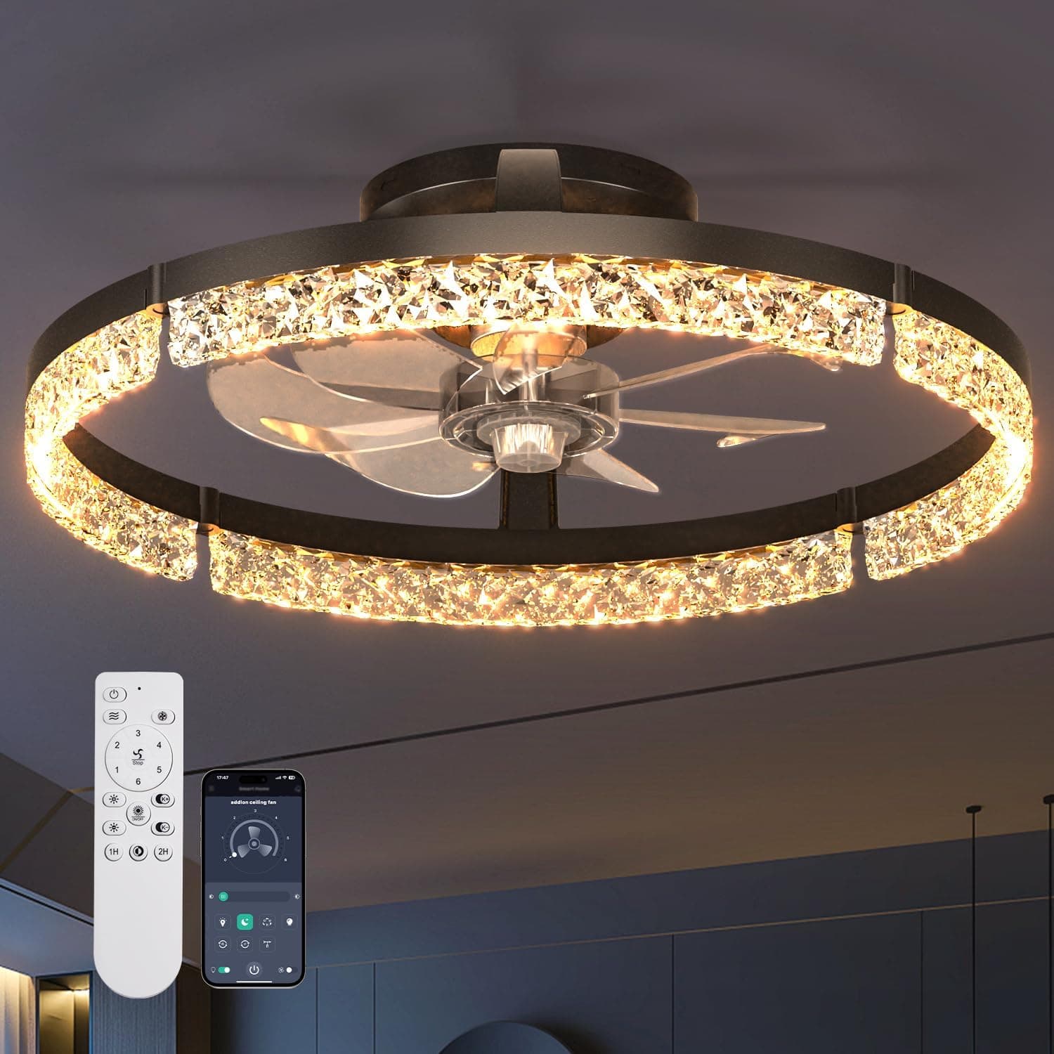addlon Ceiling Fans with Lights and Remote, 20'' Low Profile Ceiling Fans, 3000-6000K Dimmable Modern Flush Mount LED Fan Light, Fandelier Ceiling Fan for Bedroom, Kitchen, Living Room, Black - image 1 of 1