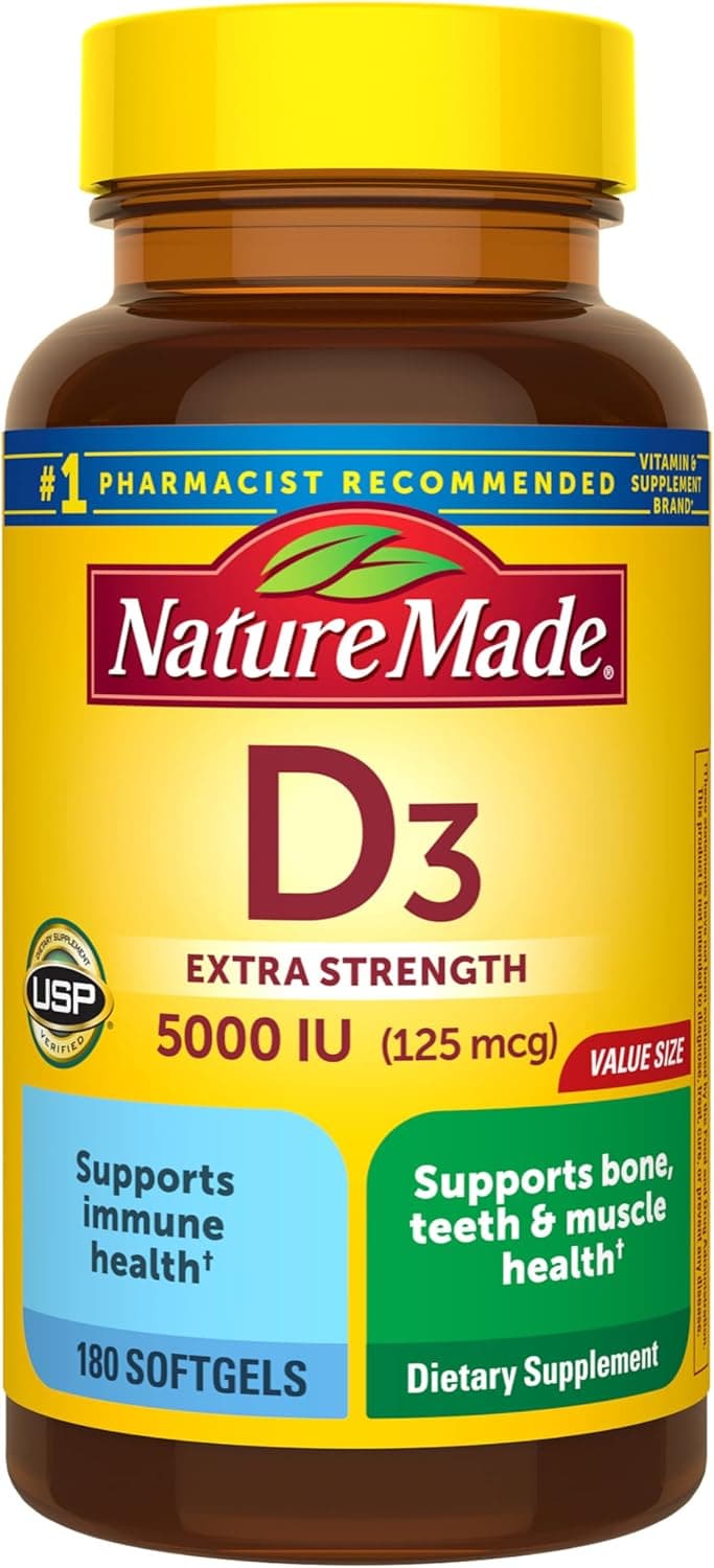 Nature Made Vitamin D3 5000 IU (125 mcg) Softgels, Extra Strength Vitamin D Supplement for Bone and Immune Health Support, 180 Count, 180 Day Supply - image 1 of 1