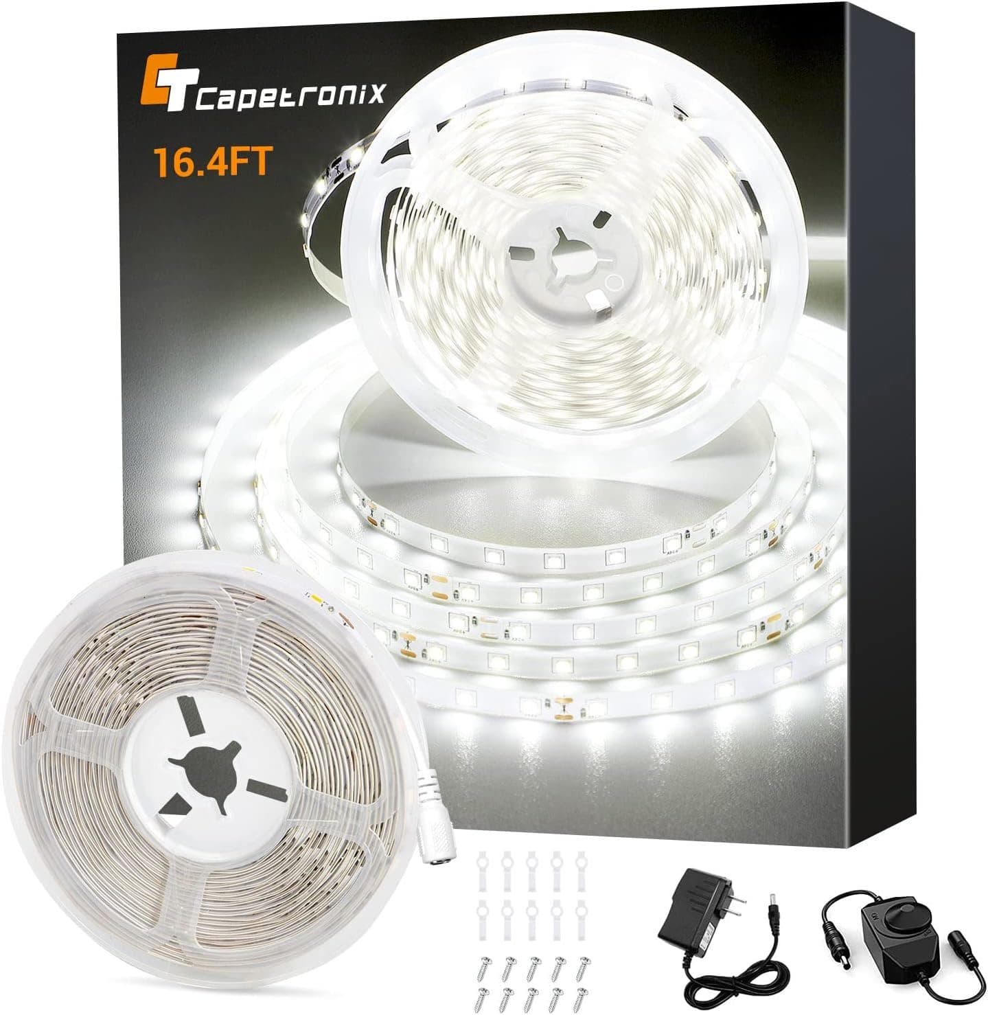 CT CAPETRONIX White LED Strip Light, 16.4 Feet 24 Volt LED Light Strip White, 6000K-6500K Daylight Super Bright LED Tape Light for Bedroom, Kitchen, Closet, Cabinet, Mirror, Indoor（Dimmer Included） - image 1 of 1