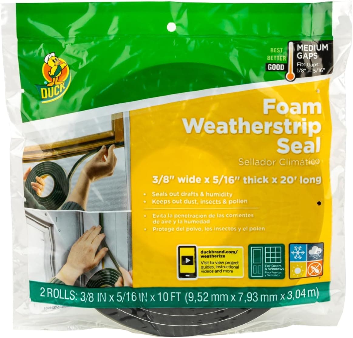 Duck Brand Self Adhesive Foam Weatherstrip Seal for Extra Large Gaps, 20 Total Feet, Window and Door Seal Strip Foam Tape, 3/8-Inch Wide x 5/16-Inch Thick x 10-Feet Long, 2 Rolls, Charcoal (285645) - image 1 of 1