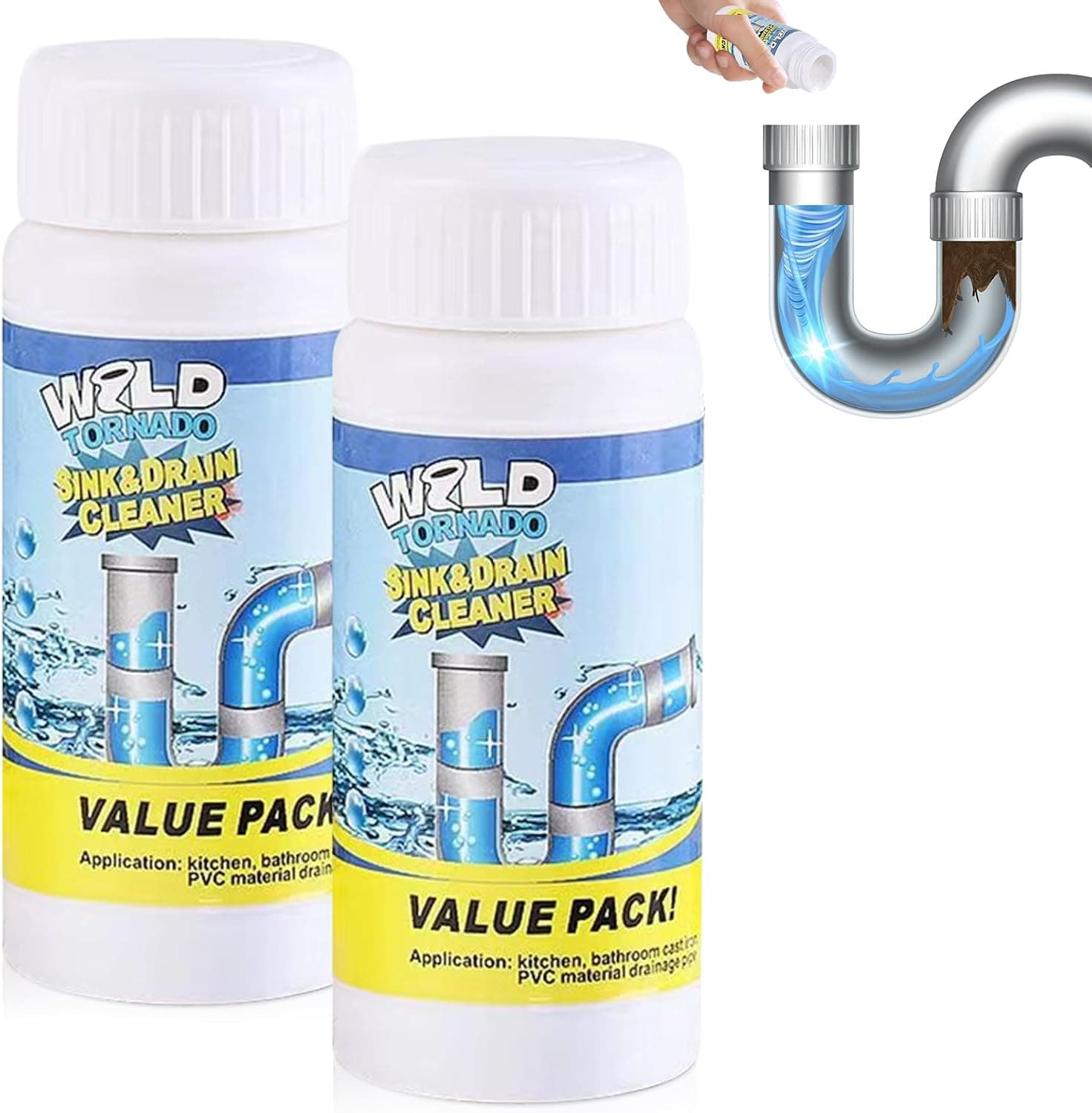Wild Tornado Pipe Dredge, Wild Tornado Sink and Drain Cleaner, Powerful Sink and Drain Cleaner Powder, Kitchen Toilet Pipeline Quick Cleaning Tool (2PCS) - image 1 of 1