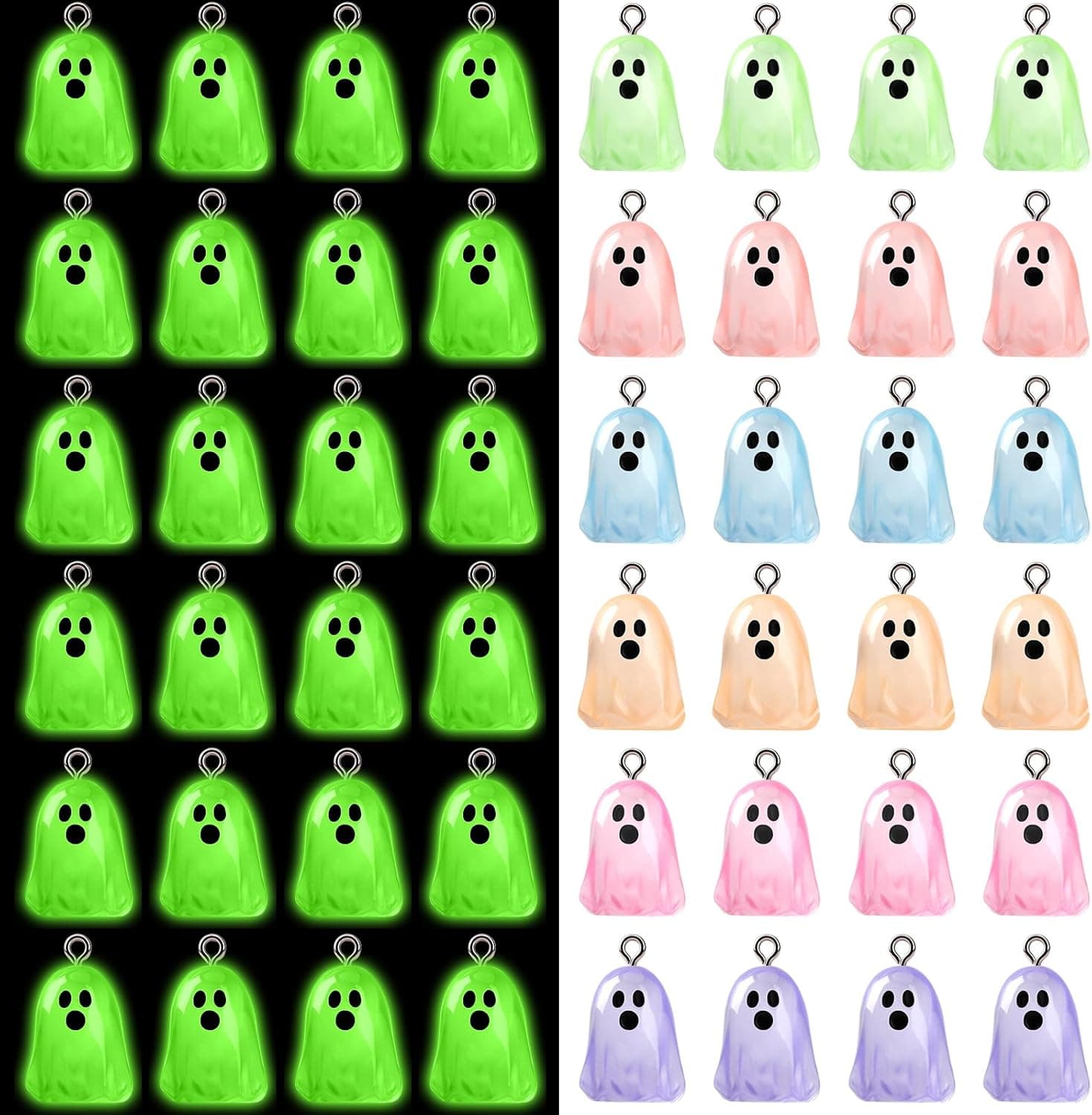 Augshy 64 Pcs Halloween Ghost Charms, Resin Ghost Charms Luminous Ghost Beads Halloween Pendant Bulk Glow in The Dark Ornament for DIY Bracelet Necklace Earrings Jewelry Making Accessories Decorations
