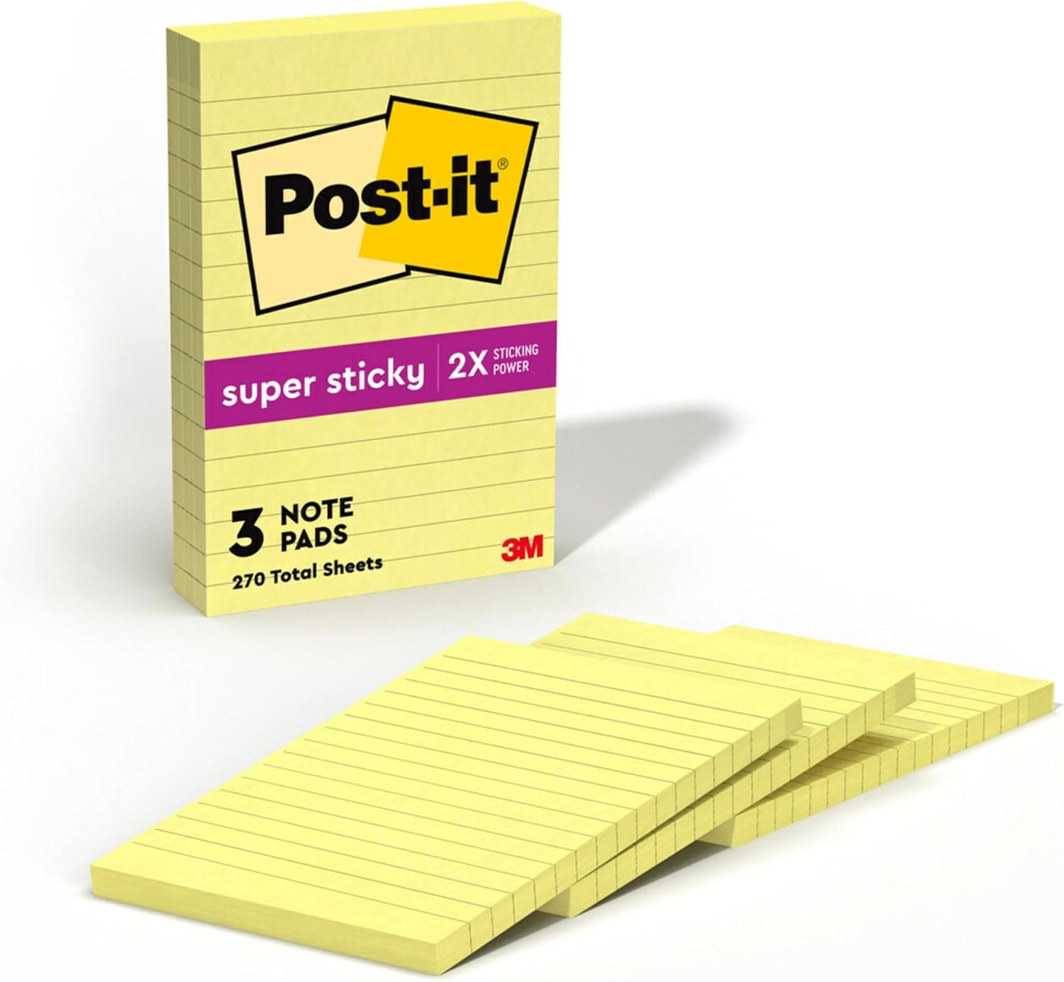 Post-it Super Sticky Lined Notes, 3 Sticky Note Pads, 4 x 6 in., School Supplies, Office Products, Sticky Notes for Vertical Surfaces, Monitors, Walls and Windows, Canary Yellow - image 1 of 1