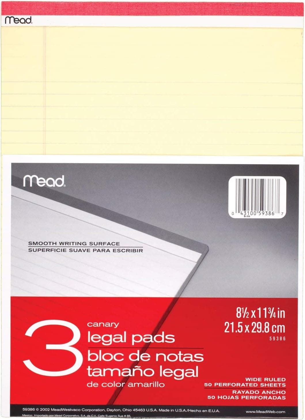 Mead Legal Pads, Wide Ruled Paper, 8-1/2" x 11-3/4", 50 Sheets, Memo Pads, Note Pads, Steno Pads, 3 Pack (59386) - image 1 of 1