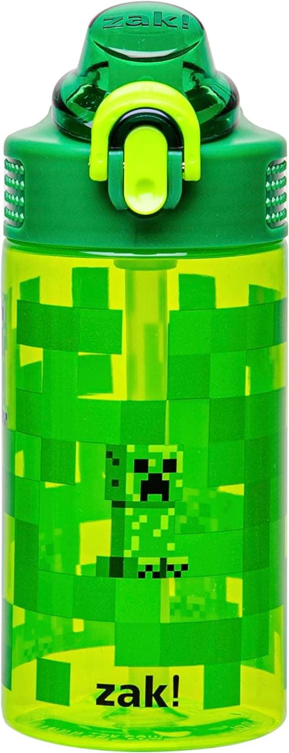 Zak Designs Sage Minecraft Kids Water Bottle For School or Travel, 16oz Durable Plastic Water Bottle With Straw, Handle, and Leak-Proof, Pop-Up Spout Cover (Creeper)