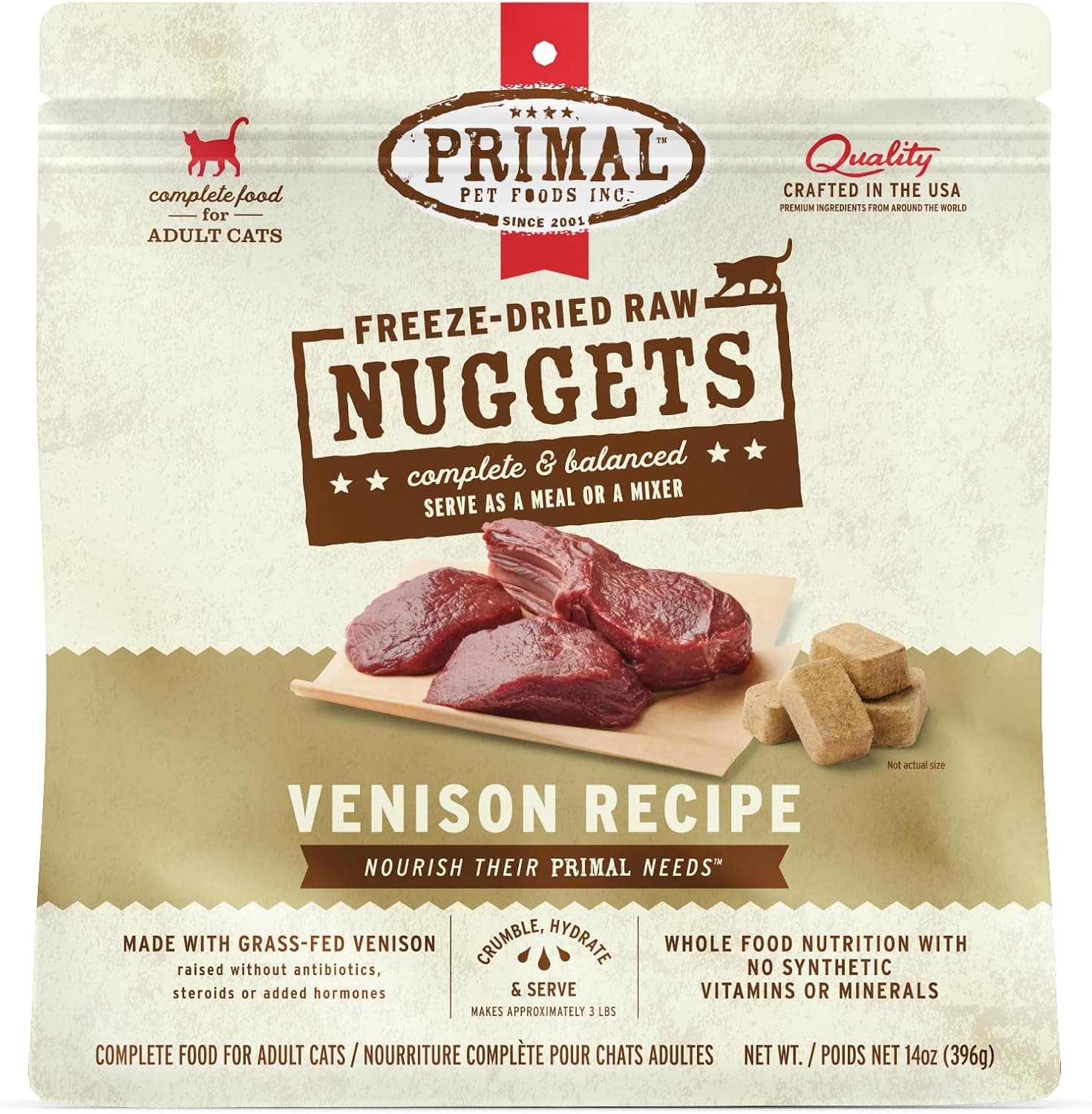 Primal Freeze Dried Raw Cat Food Nuggets Venison, Complete & Balanced Meal or Topper, Premium, Healthy, Grain Free, High Protein Raw Cat Food with Probiotics (14 oz) - image 1 of 1
