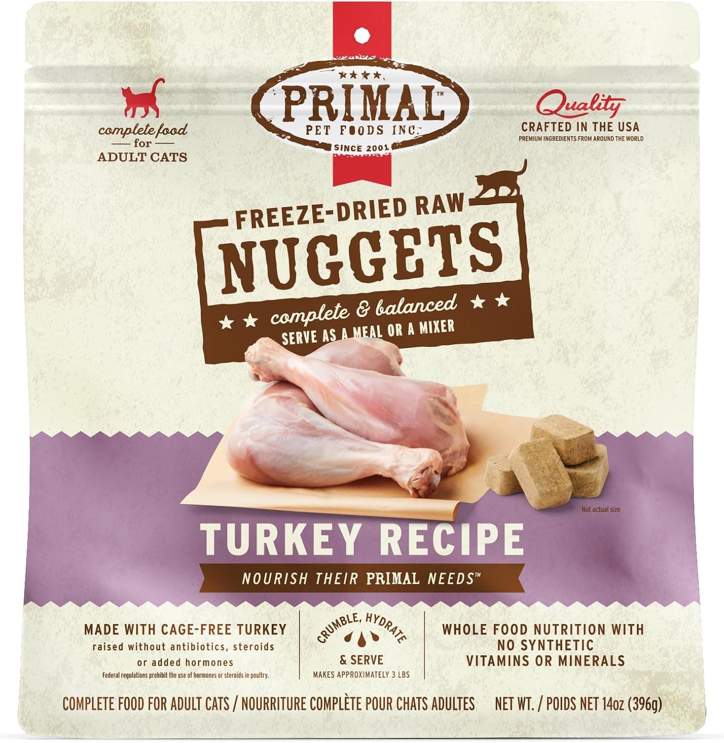 Primal Freeze Dried Raw Cat Food Nuggets Turkey, Complete & Balanced Meal or Topper, Premium, Healthy, Grain Free, High Protein Raw Cat Food with Probiotics (14 oz) - image 1 of 1