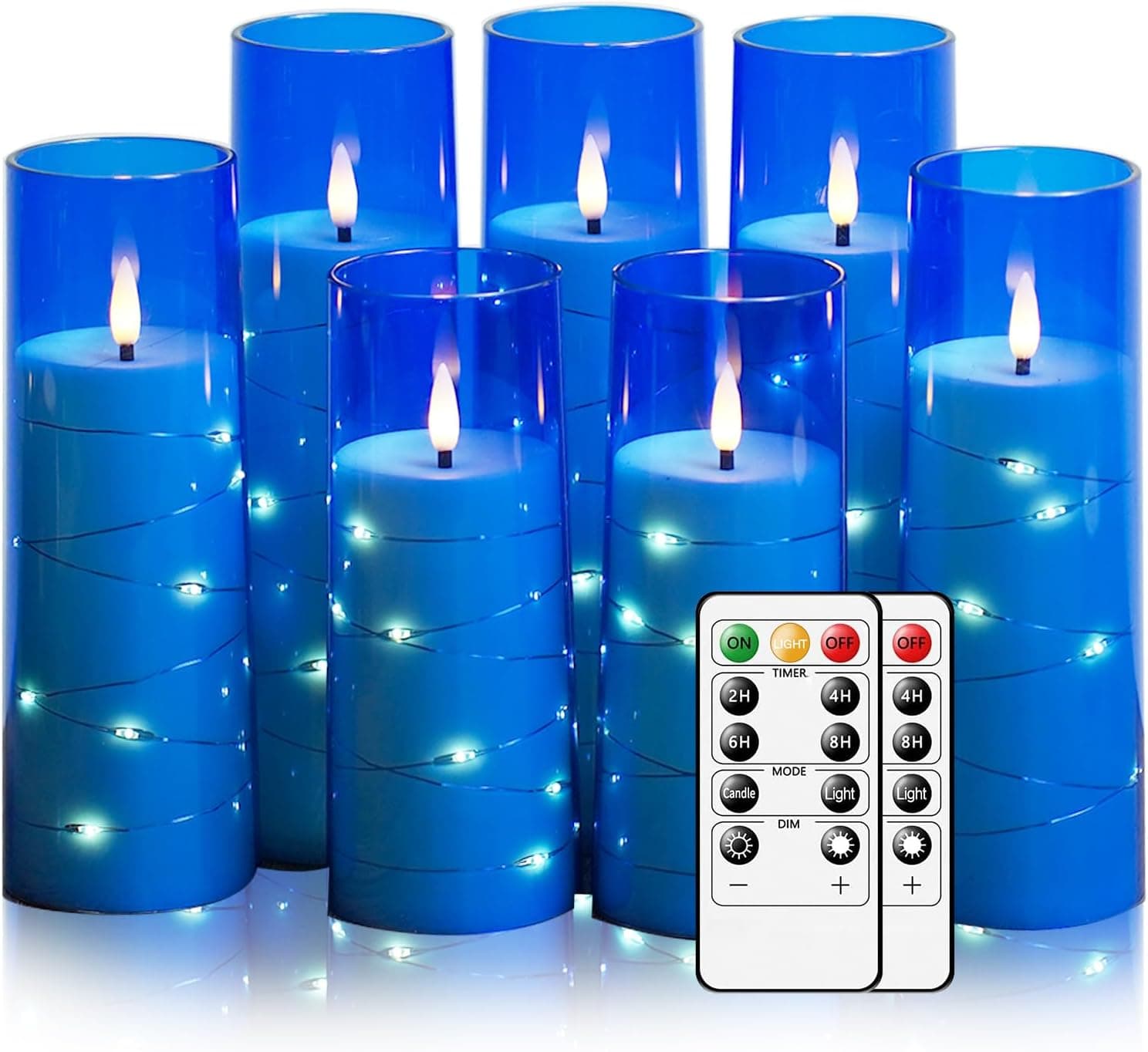 Flameless Candles with Embedded Star String, Battery Operated LED Pillar Candles with Timer and Remote Control,Home Decorating for Ambiance， Set of 7 (Blue)