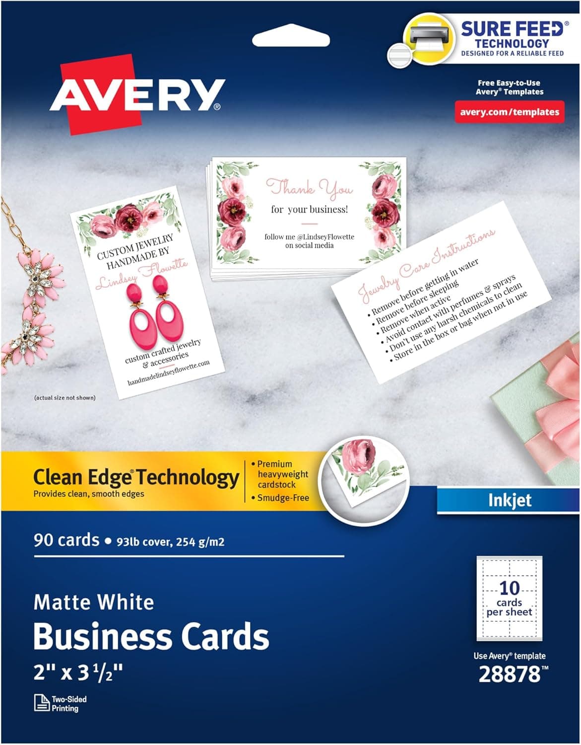 Avery Clean Edge Printable Business Cards with Sure Feed Technology, 2" x 3.5", White, 90 Blank Cards for Inkjet Printers (28878) - image 1 of 1