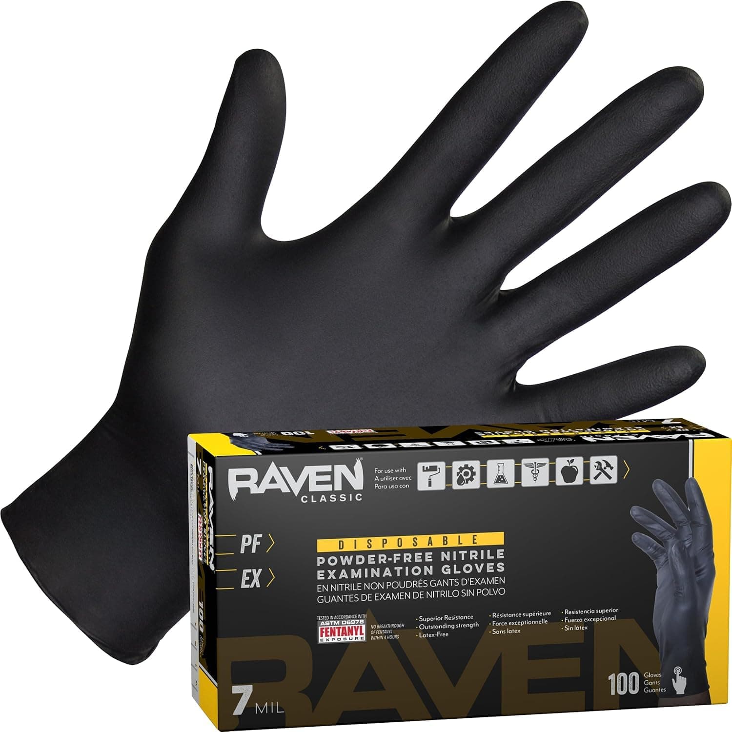 Raven Powder Free Nitrile Disposable Gloves 7 Mil - XL Latex Free, Chemical + Puncture Resistant, Textured Grip, Single Use for Automotive, Industrial, Janitorial, MRO, Food Service 66519