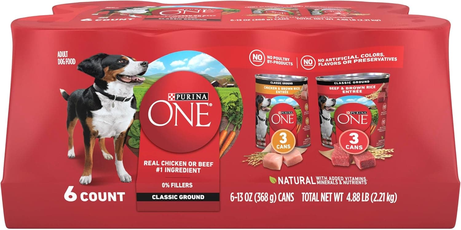 Purina ONE Classic Ground Chicken and Brown Rice, and Beef and Brown Rice Entrees Wet Dog Food Variety Pack - (Pack of 6) 13 oz. Cans - image 1 of 1