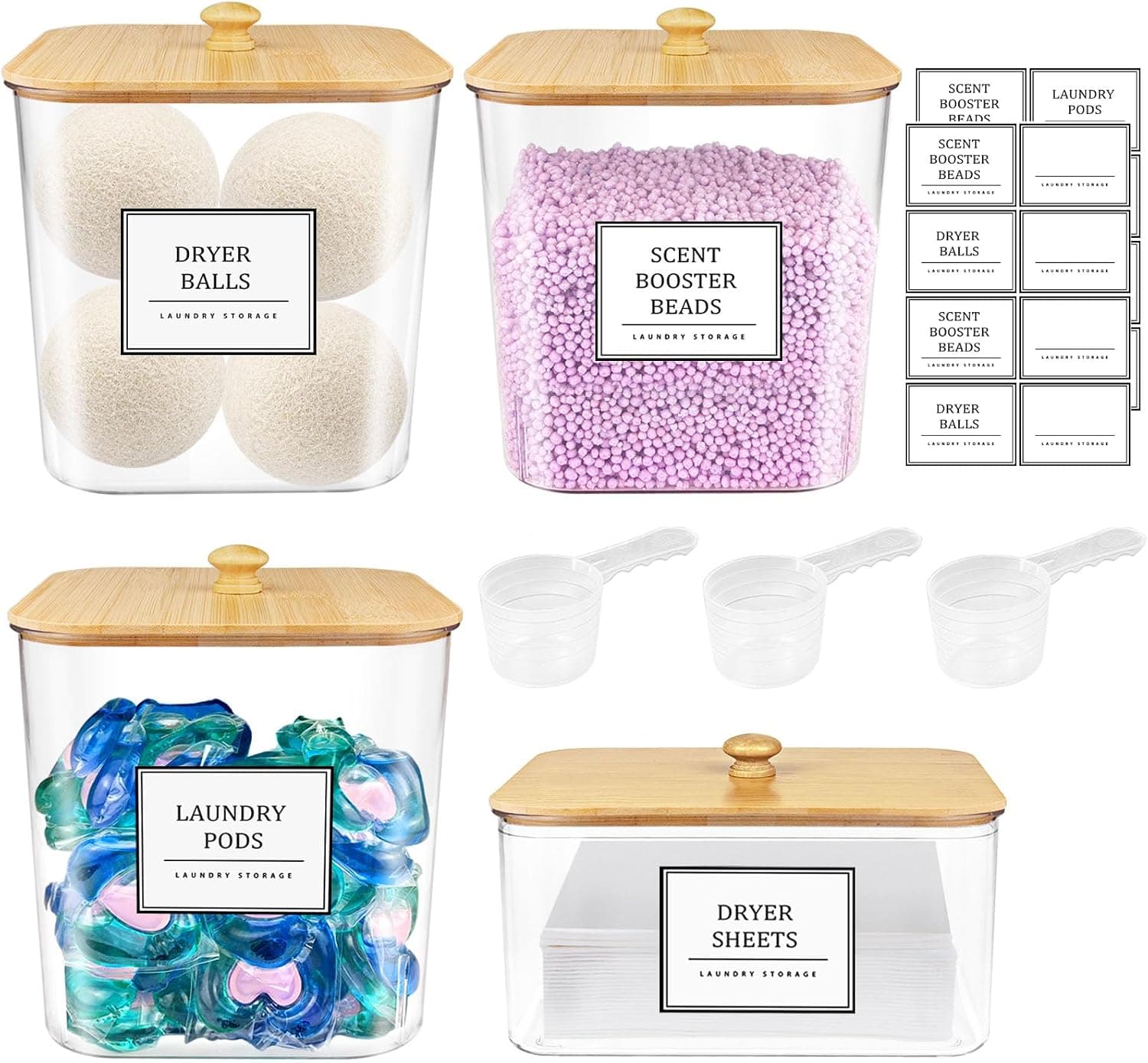 Laundry Pods Storage Container with Wooden Lids & Labels for Detergent Powder, Scent Booster for Laundry Room Organization, Clear, 3+1 Pack - image 1 of 1