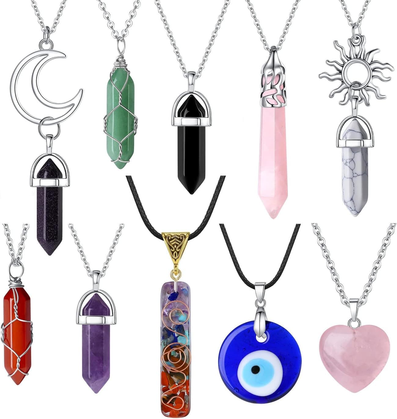MAIBAOTA 10 Pcs Crystal Necklace Healing Amethyst Crystals Carnelian Chakra Necklaces Evil Eye Necklace Vintage Hippie Wiccan Boho Rose Quartz Moon Sun Jewelry Heart Gemstone Pendant for Women - image 1 of 1