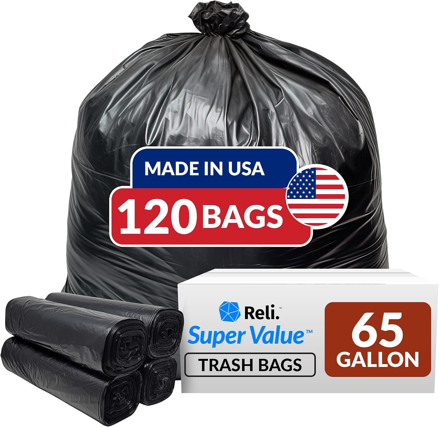Reli. SuperValue 65 Gallon Trash Bags | 120 Count | Made in USA | Heavy Duty | Bulk | Black Multi-Use Garbage Bags - image 1 of 1
