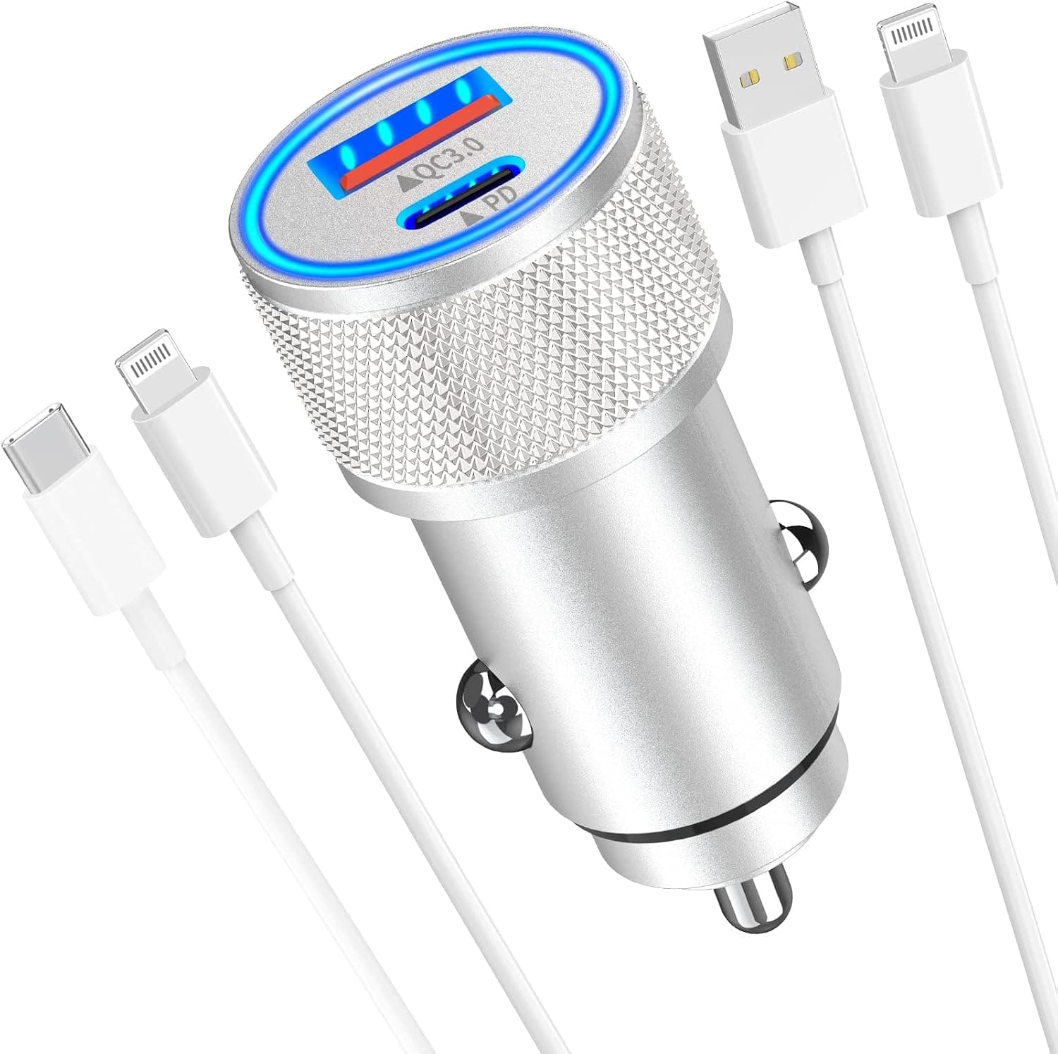 [Apple MFi Certified] iPhone Fast Car Charger, Veetone 48W Dual Port USB C Power Delivery All Metal Car Adapter with 2 Pack Lightning Cable, PD/QC 3.0 Type C Rapid Car Charging for iPhone/iPad/Airpods - image 1 of 1