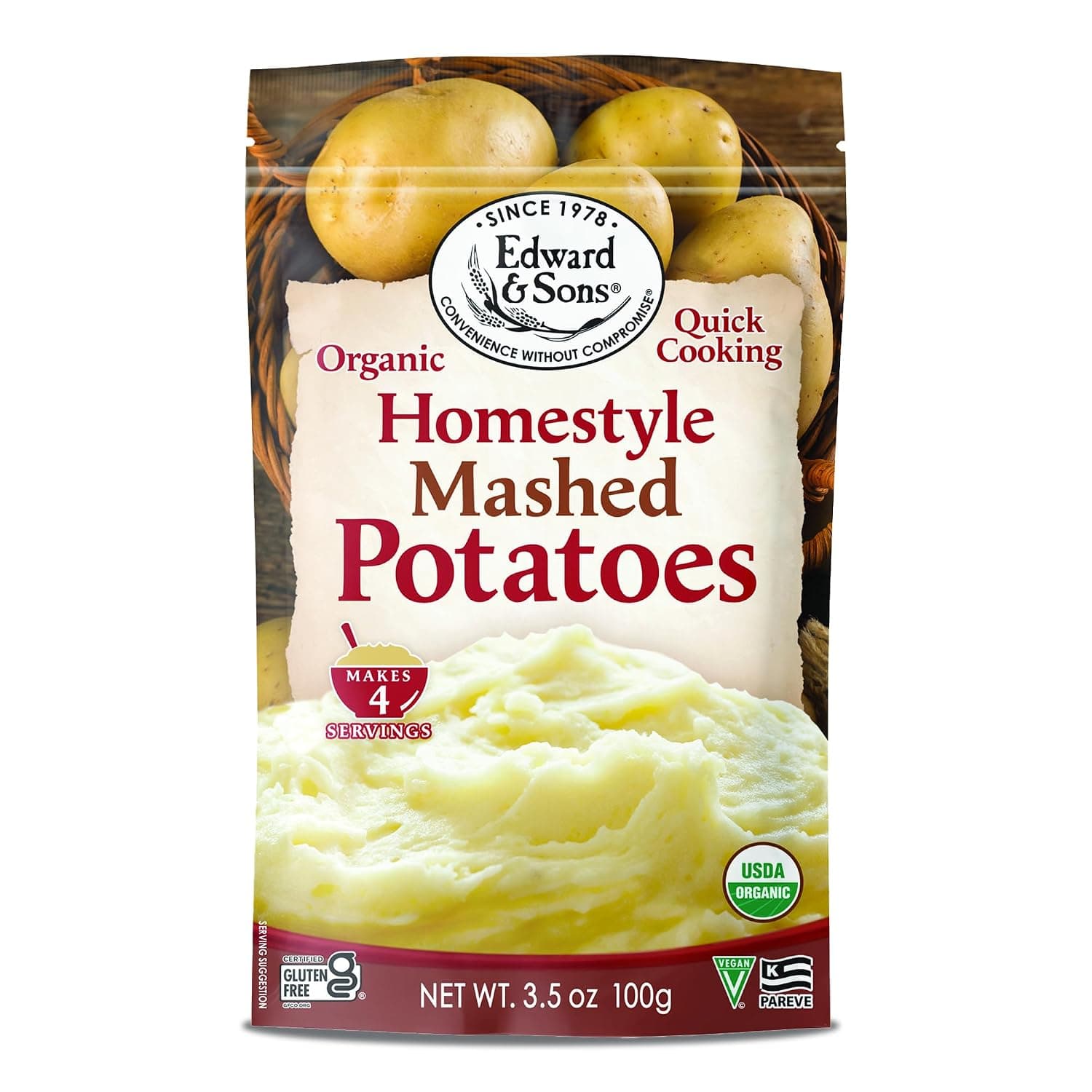 Edward & Sons Organic Homestyle Mashed Potatoes - Instant Mashed Potatoes, Instant Potatoes, Organic Potato Flakes, Vegan - 3.5 Oz (Pack of 6) - image 1 of 1