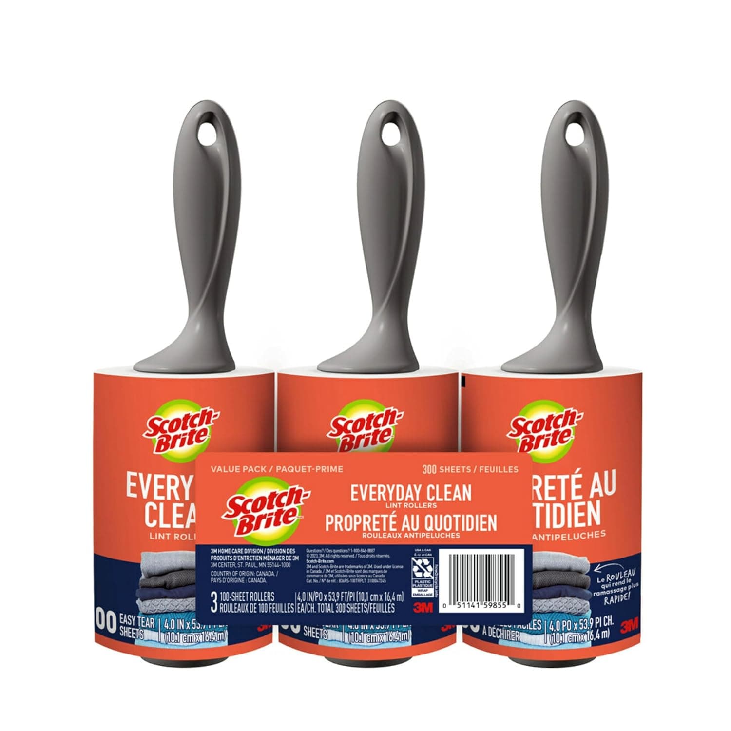 Scotch-Brite Everyday Clean Lint Roller, 3 Pack, Lint Remover for Pet Hair, Dark Clothes, Furniture, and Dusty Surfaces, Picks Up Fur & Fluff in Your Home, Car & Office, 300 Adhesive Sheets Total - image 1 of 1