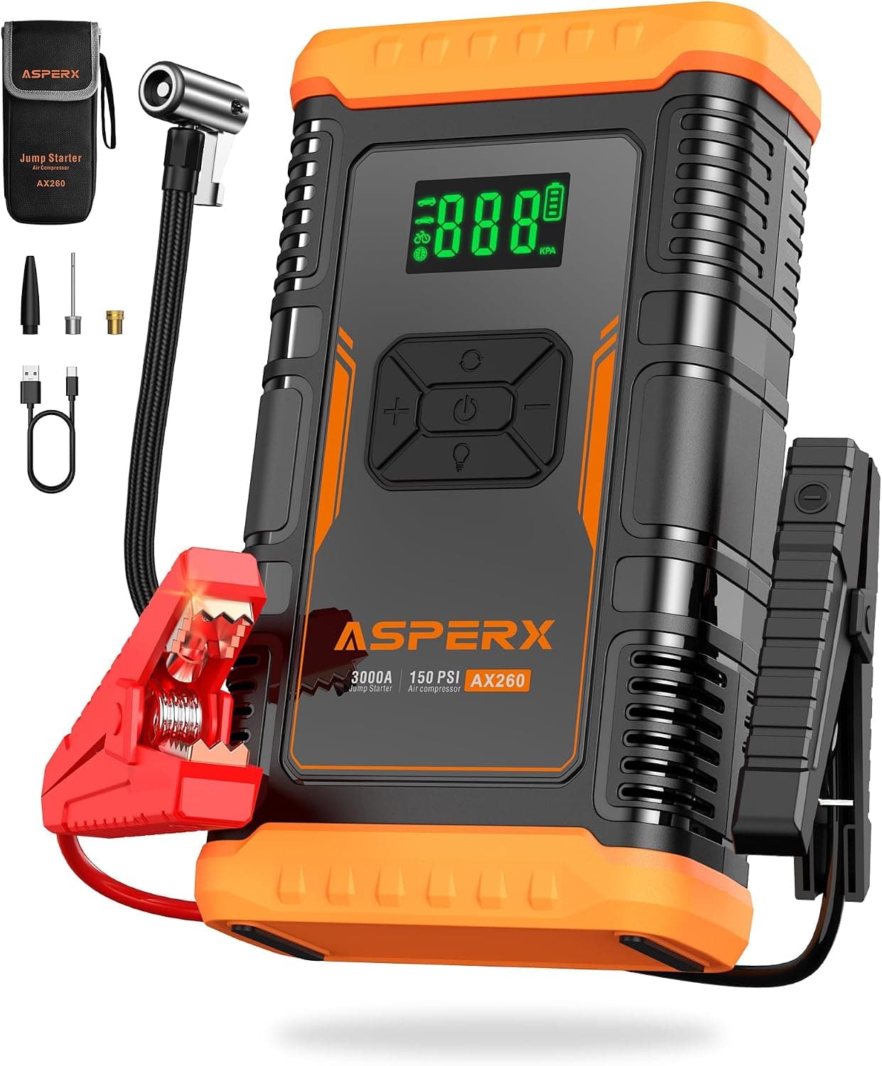 ASPERX Jump Starter with Air Compressor,【Upgrade & Safety Certs】10L Gas/8L Diesel(Almost All Cars) 12V Jumper Box Car Battery Jumper Starter Portable with Tire Inflator, Jumper Cables, Display & Light - image 1 of 1