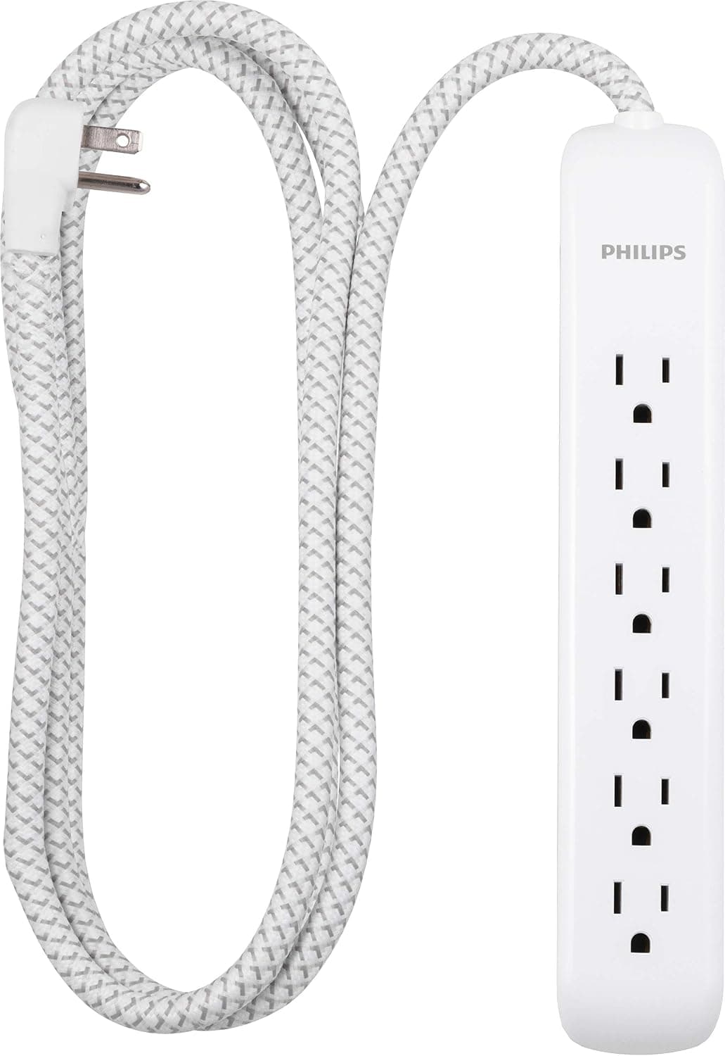 Philips 6 Outlet Power Strip Surge Protector, 6 Ft Power Cord, Designer Braided Extension Cord, Flat Plug, Perfect for Office or Home Décor, 1080 Joules, White, SPC3054WA/37 - image 1 of 1