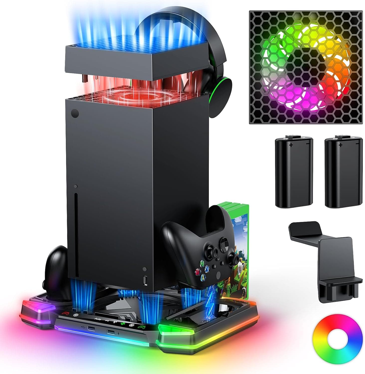 Top Auto Cooling Fan & Charge Stand for Xbox Series X Console with 11 Light Modes, Accessories Controller Wireless Charger Dock, 2 * 1400mAh Rechargeable Batteries, Headset Stand & Game Disc Storage - image 1 of 1
