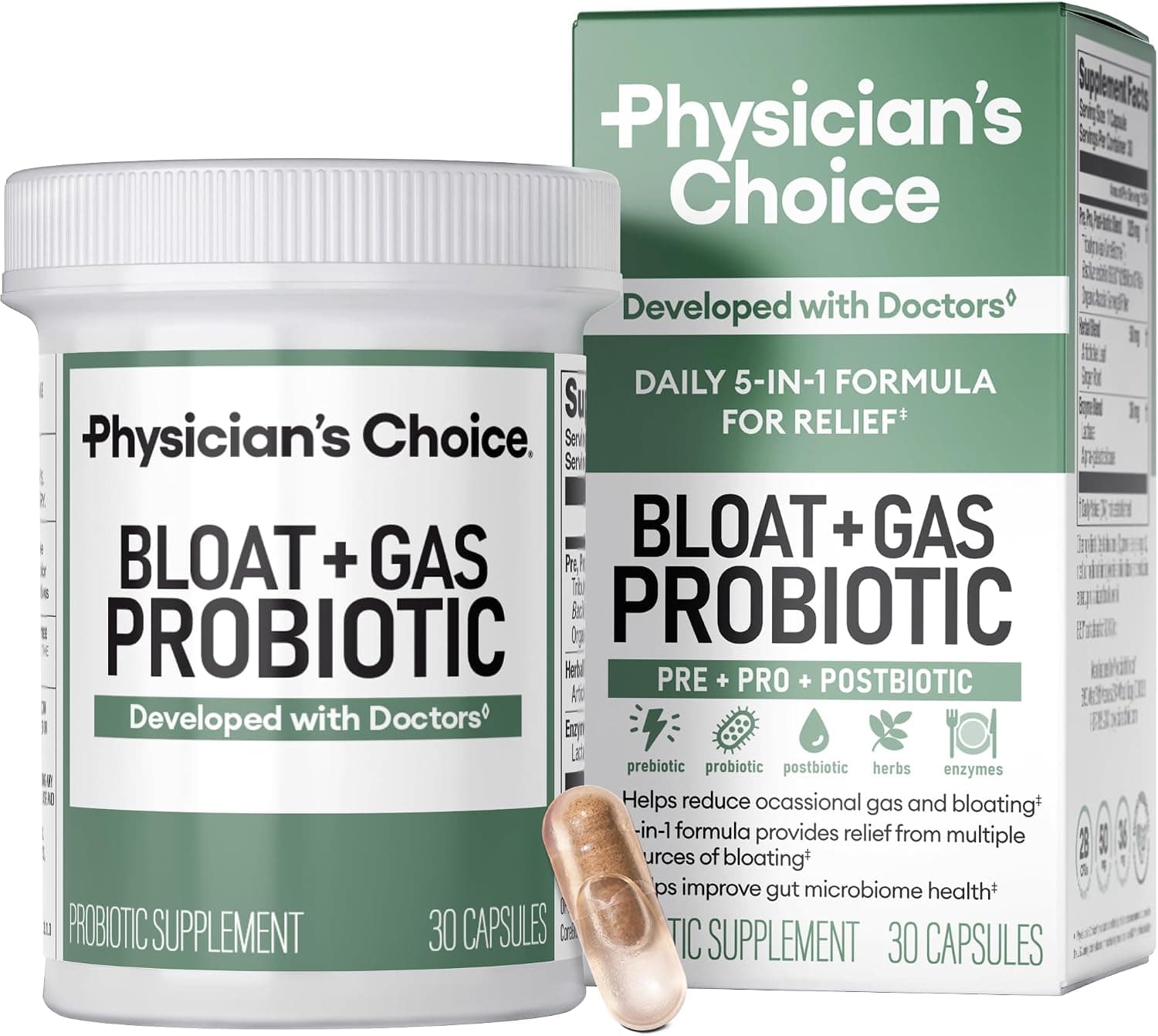 Physician's CHOICE Bloat & Gas Probiotic 5-in-1 Proactive Support + Daily Relief - Digestion & Gut Health- Herbals, Digestive Enzymes, Post & Prebiotics - Gas Relief for Adults - Women & Men - 30ct - image 1 of 1