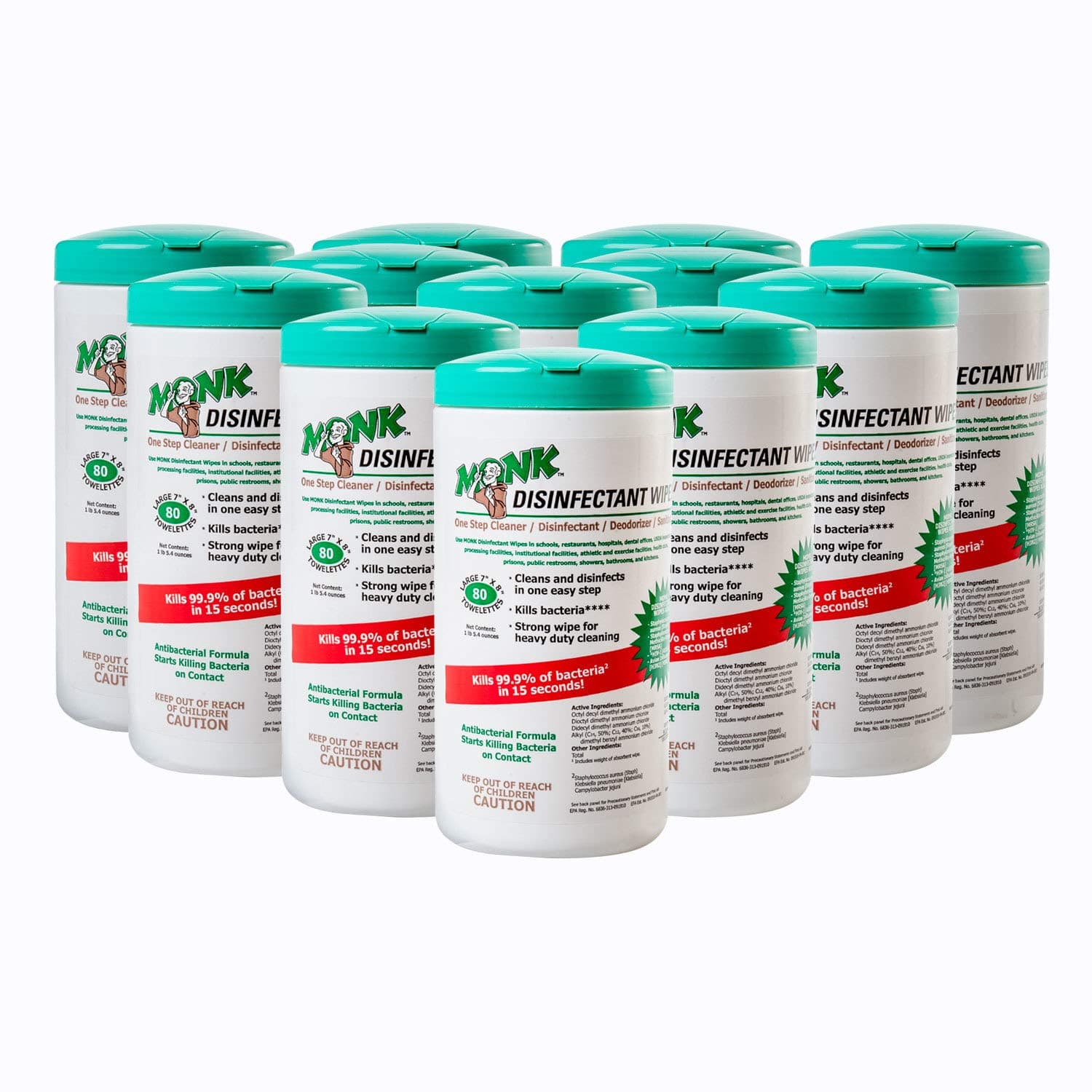 Monk Disinfectant Wipes, Large Lemon Breeze Fresh Scented Disinfectant Wipes, Value Pack Contains 12 Canisters of 80 Count, Perfect for Offices, Schools, Cycling, Kitchen, Yoga Mats and Other Surface - image 1 of 1