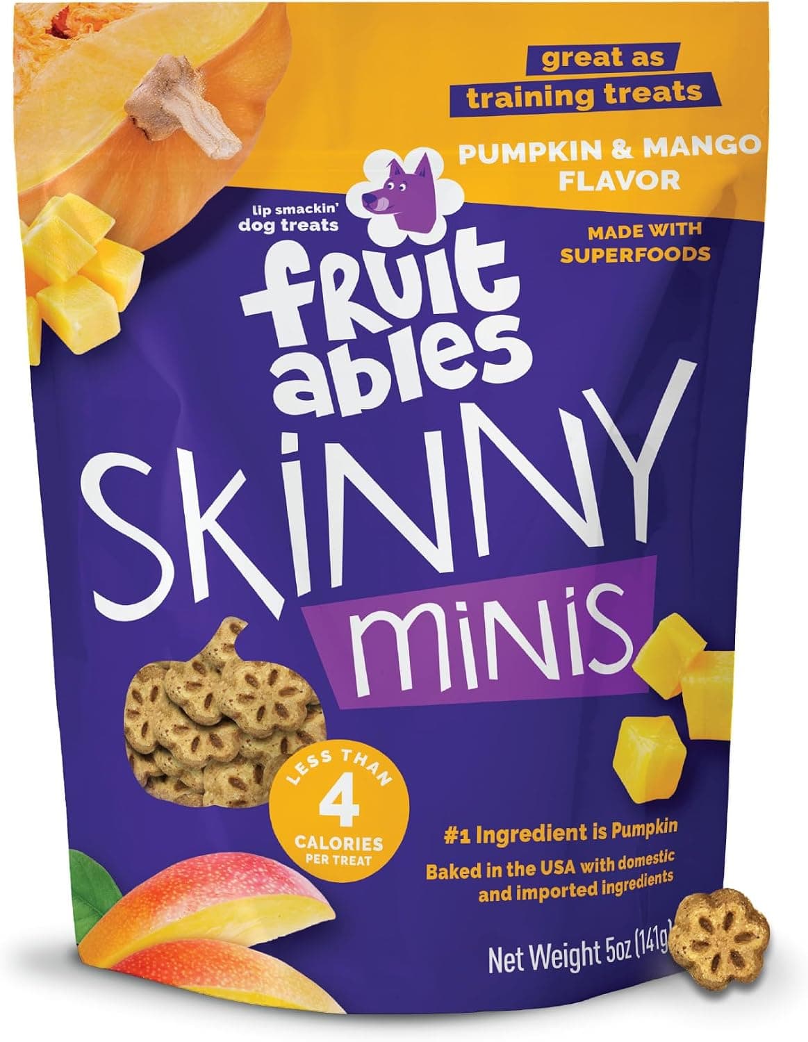Fruitables Skinny Minis Dog Treats, Healthy Pumpkin Treat for Dogs, Low Calorie & Delicious, Puppy Training, No Wheat, Corn or Soy, Made in the USA, Pumpkin and Mango Flavor, 5oz - image 1 of 1