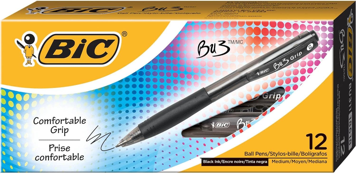 BIC BU3 Grip Retractable Ballpoint Pen, Medium Point (1.0mm), Black, Retractable Black Ballpoint Pens for School and Office, 12-Count - image 1 of 1