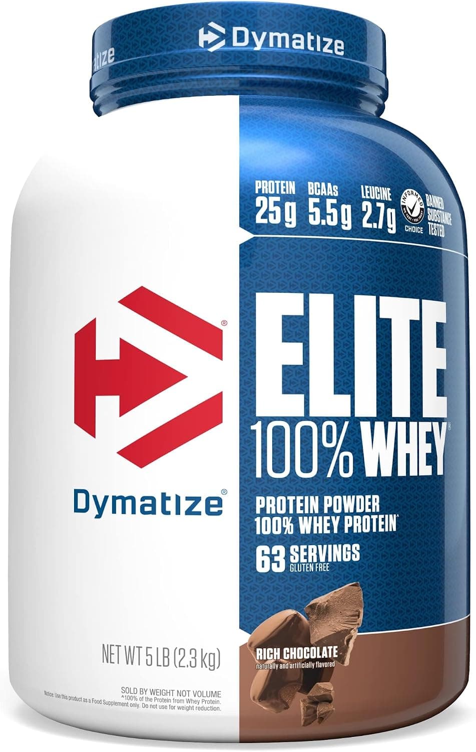 Dymatize Elite 100% Whey Protein Powder, 25g Protein, 5.5g BCAAs & 2.7 L-Leucine, Quick Absorbing & Fast Digesting for Optimal Muscle Recovery, Rich Chocolate, 5 Pound (63 Servings) - image 1 of 1