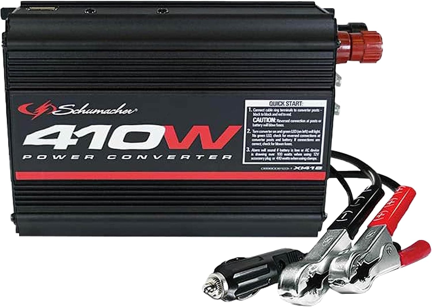 Schumacher Electric 410 Continuous/820 Peak Watt DC-to-AC Power Converter, Dual 120V AC Outlets and 2A USB Port, Modified Sine Wave, for 12V Automotive and Marine Batteries, XI41B - image 1 of 1